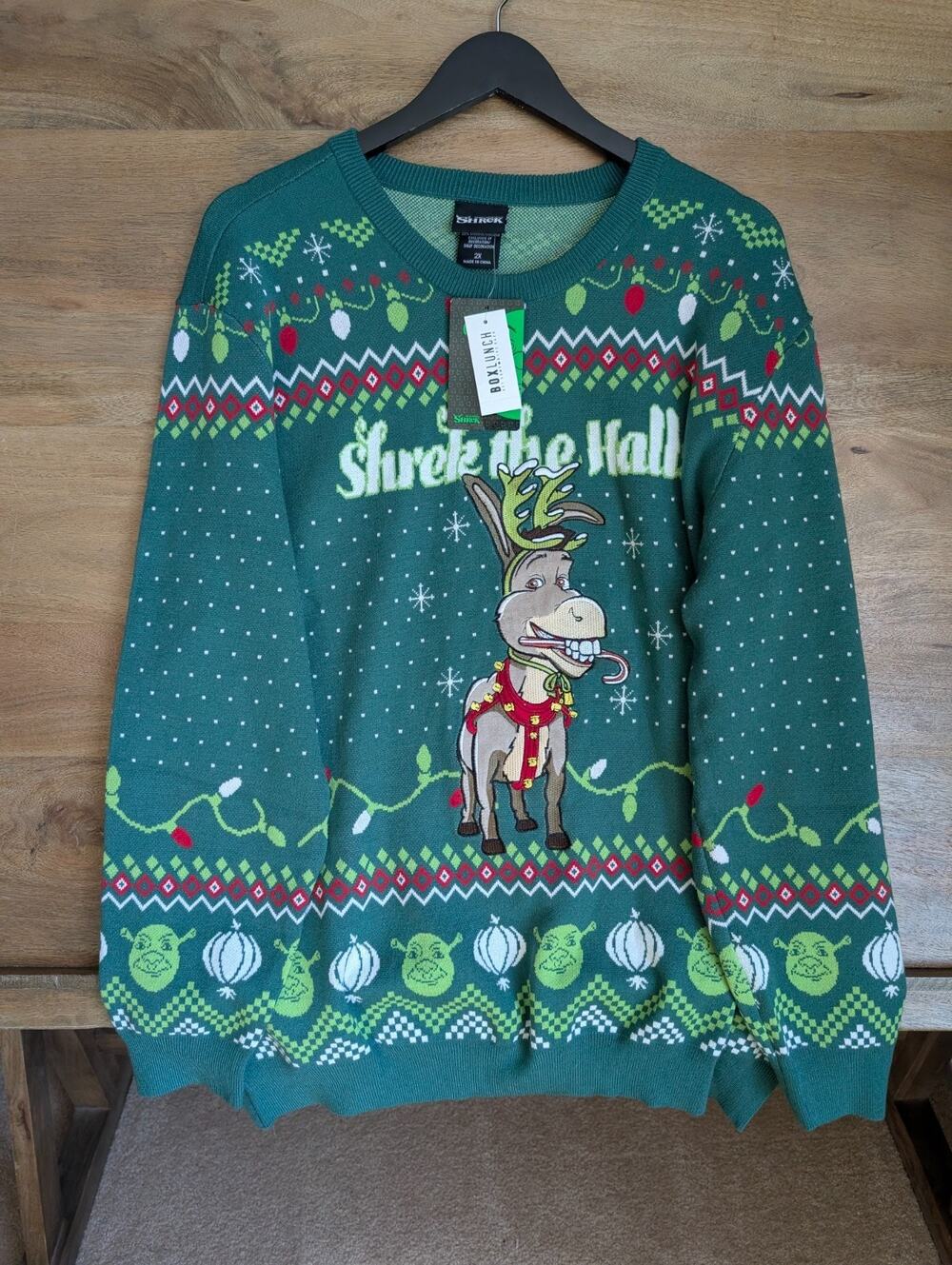 Dreamworks Shrek The Halls Donkey Holiday Sweater Mens 2X Green Long Sleeve NWT